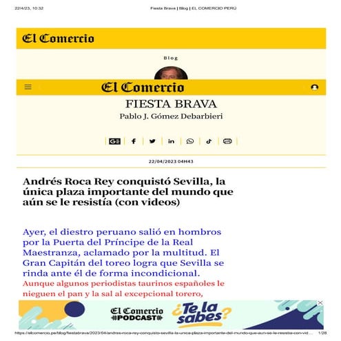 Andrés Roca Rey conquistó Sevilla, la única plaza importante del mundo que aún se le resistía.pdf