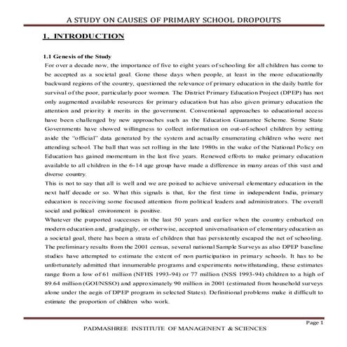 a study on cause of primary school dropouts by Peer zada Anees