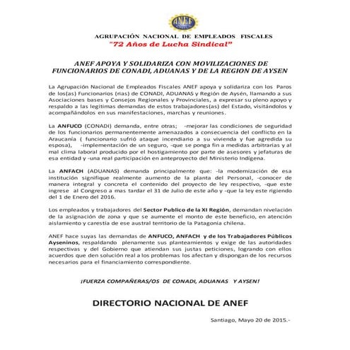 Anef apoya y solidariza con movilizaciones de funcionarios de conadi aduanas ...