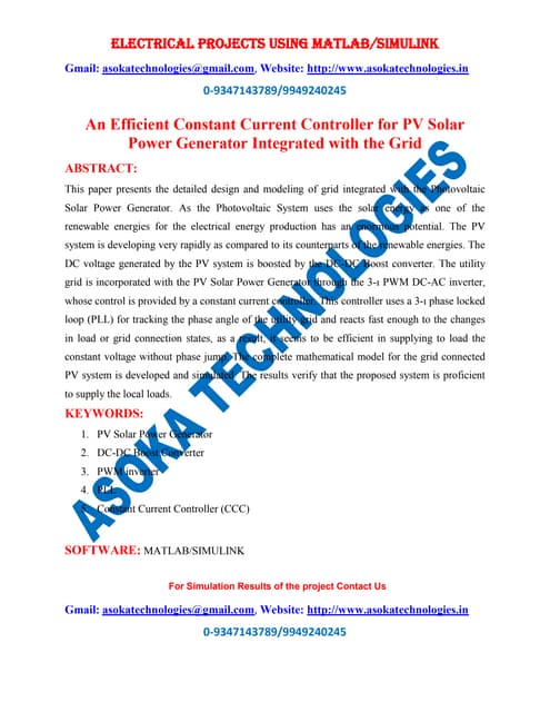 An Efficient Constant Current Controller for PV Solar Power Generator Integra...