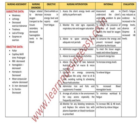 Nursing care plan on Anemia - Assessment, Diagnosis, planning ...