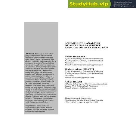 An Empirical Analysis Of After Sales Service And Customer Satisfaction