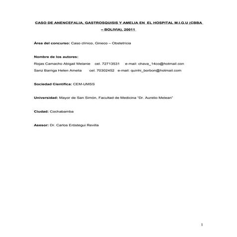 Anencefalia y gastrosquisis en  el hospital materno infantil german urquidi