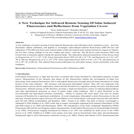 A new technique for infrared remote sensing of solar induced fluorescence and...