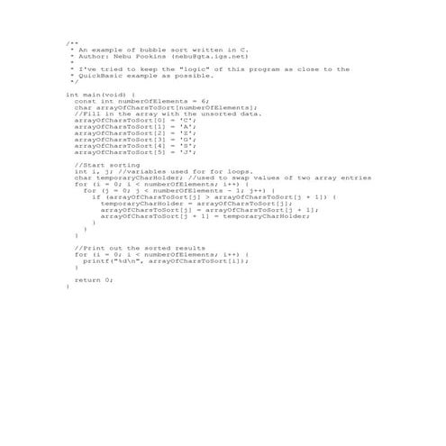 An example of bubble sort written in c