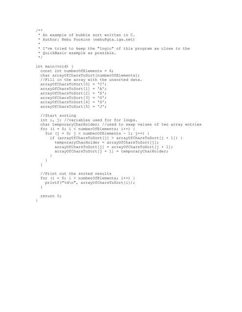 An example of bubble sort written in c