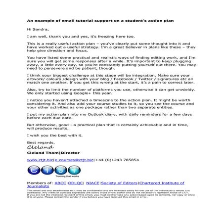 An example of email tutorial support on a student’s action plan