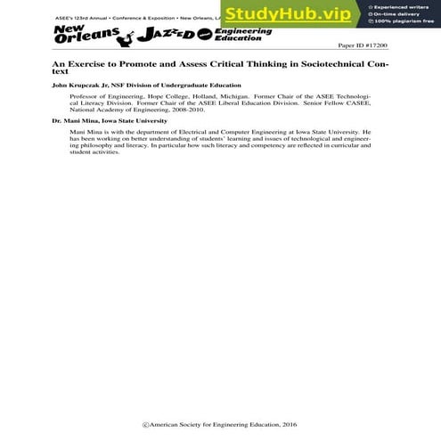 An Exercise to Promote and Assess Critical Thinking in Sociotechnical Context...