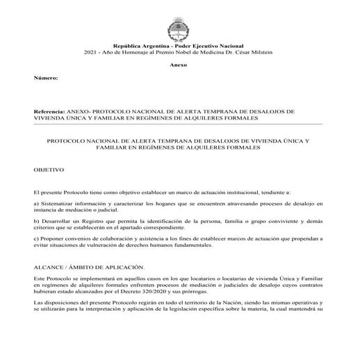 ANEXO- PROTOCOLO NACIONAL DE ALERTA TEMPRANA DE DESALOJOS DE VIVIENDA ÚNICA Y FAMILIAR EN REGÍMENES DE ALQUILERES FORMALES