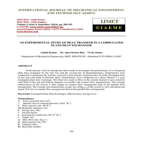 An experimental study of heat transfer in a corrugated plate heat exchanger