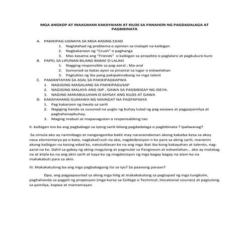 MGA ANGKOP AT INAASAHAN KAKAYAHAN AT KILOS SA PANAHON NG PAGDADALAGA AT PAGBI...