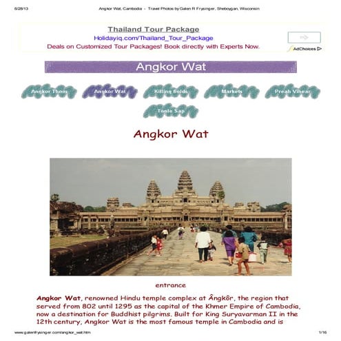 Angkor Wat Hindu Temple combodia taken from Galen R Frysinger World Traveller