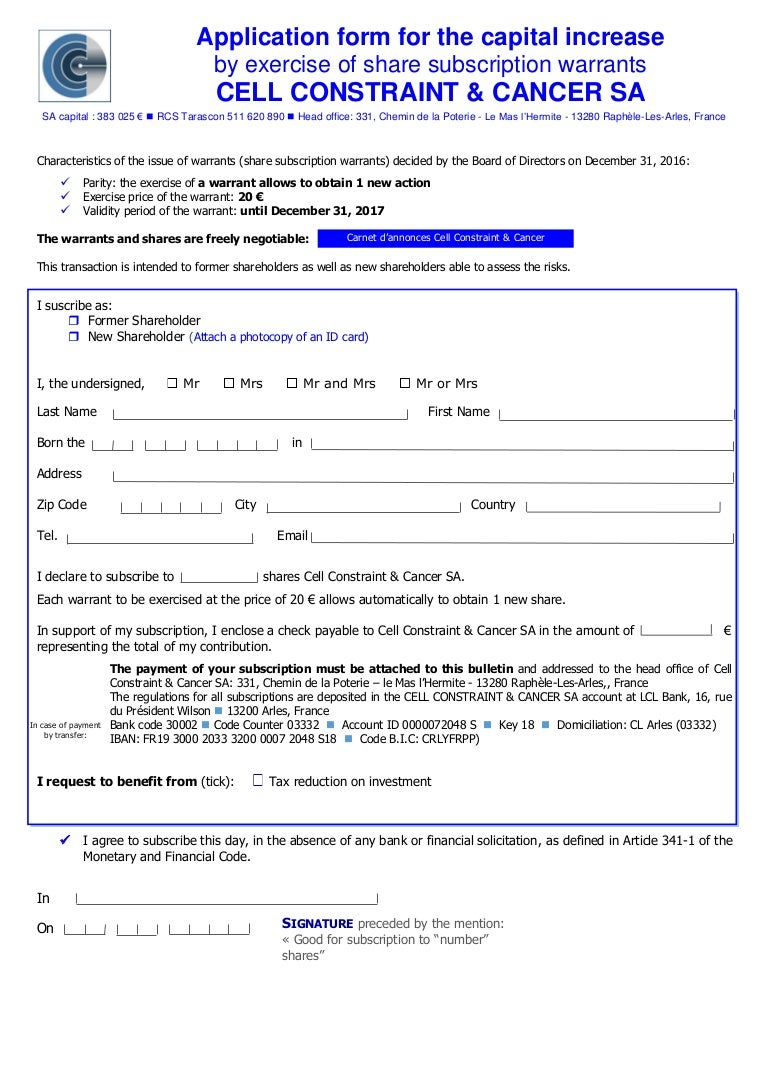 Bulletin Souscription Cell Constraint Cancer Au 31 Decembre 2017
