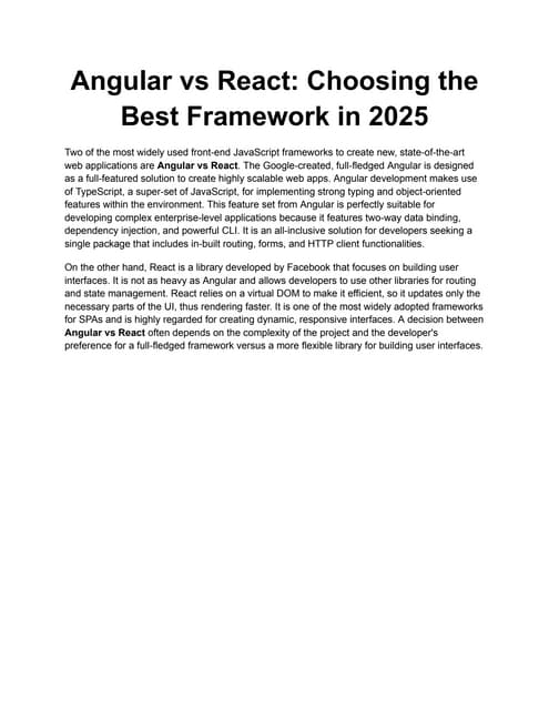 Angular vs React Choosing the Best Framework in 2025 | PDF