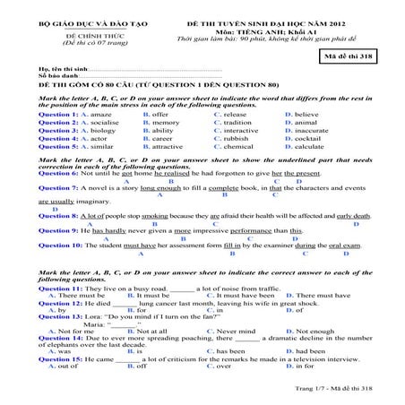 đề thi đại học Tiếng Anh khối a năm 2012