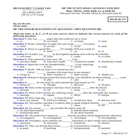 Đề thi cao đẳng môn tiếng Anh khối A1, D1