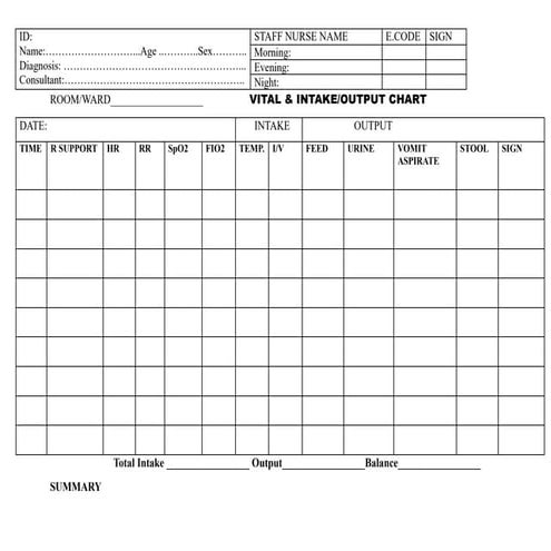 Comprehensive Patient Vital Signs and Intake/Output Monitoring Chart | PDF