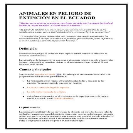 Animales en peligro de extinción en el ecuador