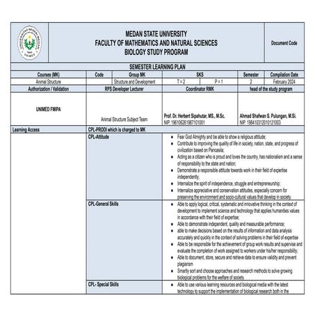 Comprehensive Study Plan for Animal Structure and Development in ...