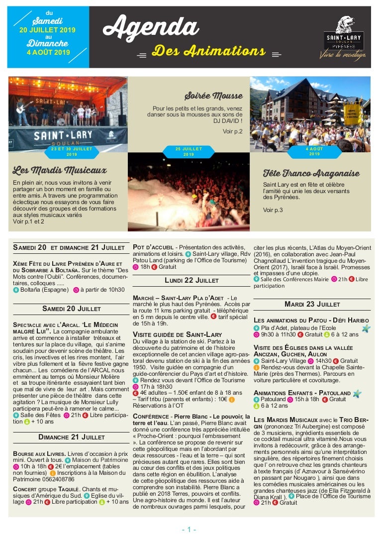 Animations a Saint-Lary Soulan du 20 juillet au 4 aout 2019