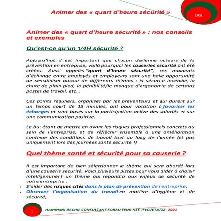 Animer des « quart d’heure sécurité »