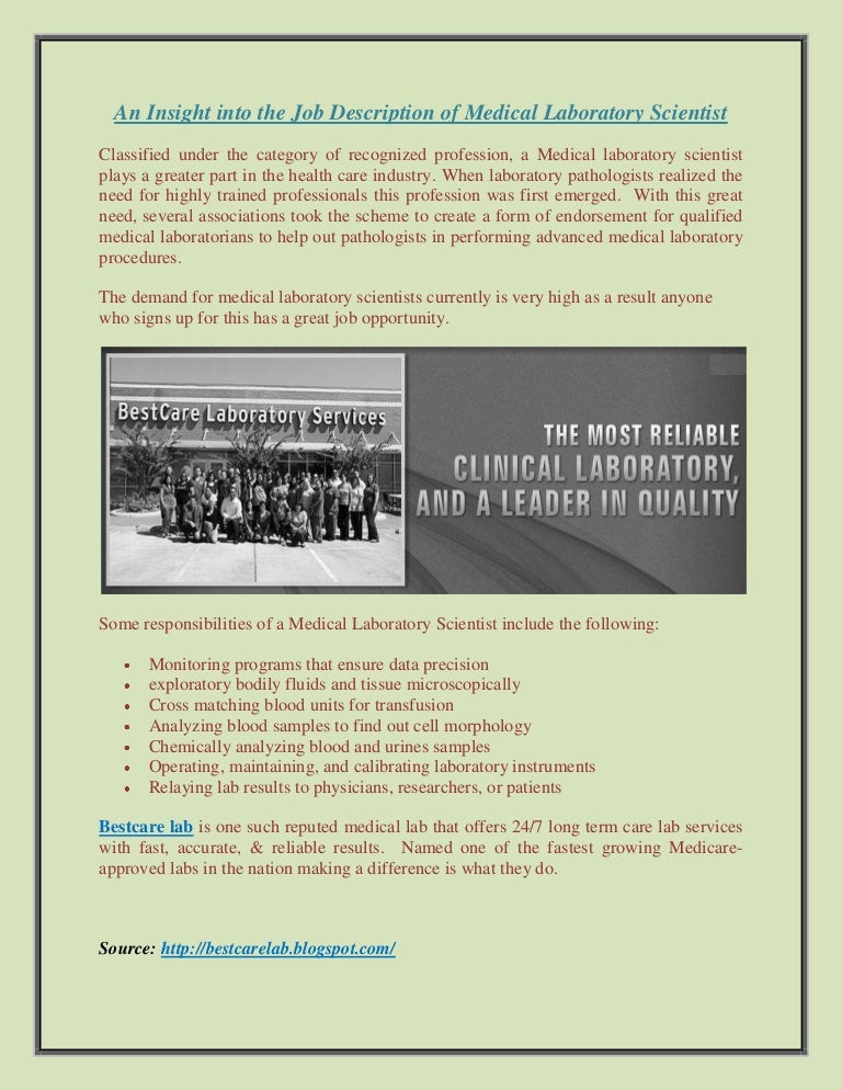 An insight into the job description of medical laboratory scientist