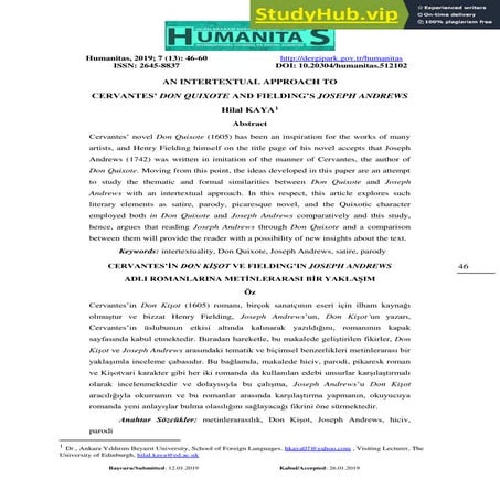 AN INTERTEXTUAL APPROACH TO CERVANTES  DON QUIXOTE AND FIELDING S JOSEPH ANDREWS