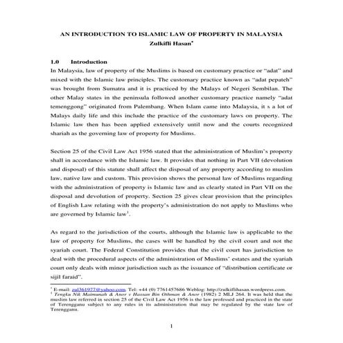 AN INTRODUCTION TO ISLAMIC LAW OF PROPERTY IN MALAYSIA