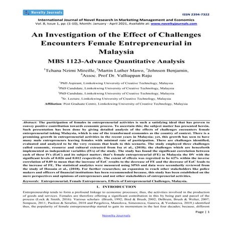 An Investigation of the Effect of Challenges Encounters Female Entrepreneuria...
