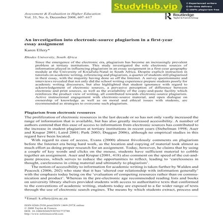 An Investigation Into Electronic-Source Plagiarism In A First-Year Essay Assi...