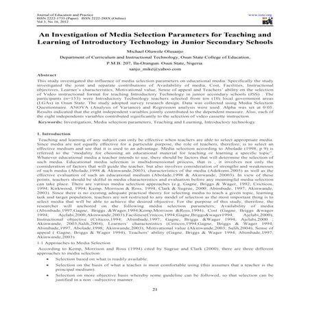 An investigation of media selection parameters for teaching and learning of i...