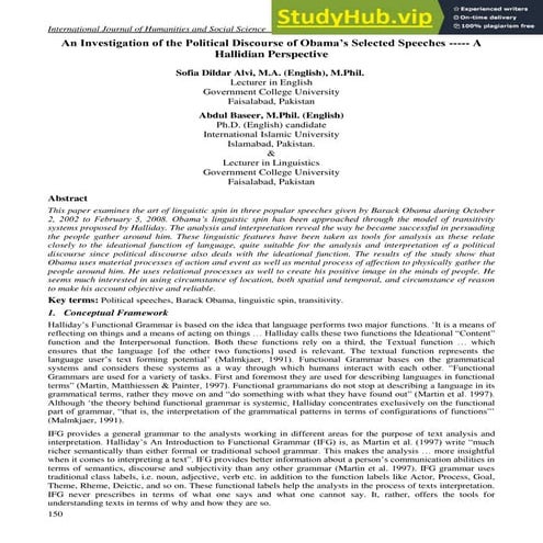 An Investigation Of The Political Discourse Of Obama S Selected Speeches ----...