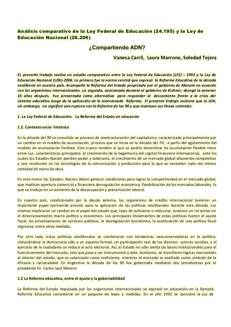 Analisis Comparativo De La Ley Federal De Educacion
