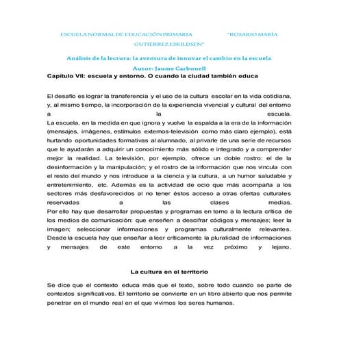 Análisis de la lectura la aventura de innovar el cambio en la escuela