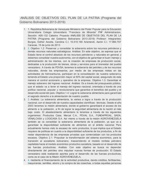 Análisis de objetivos del plan de la patria