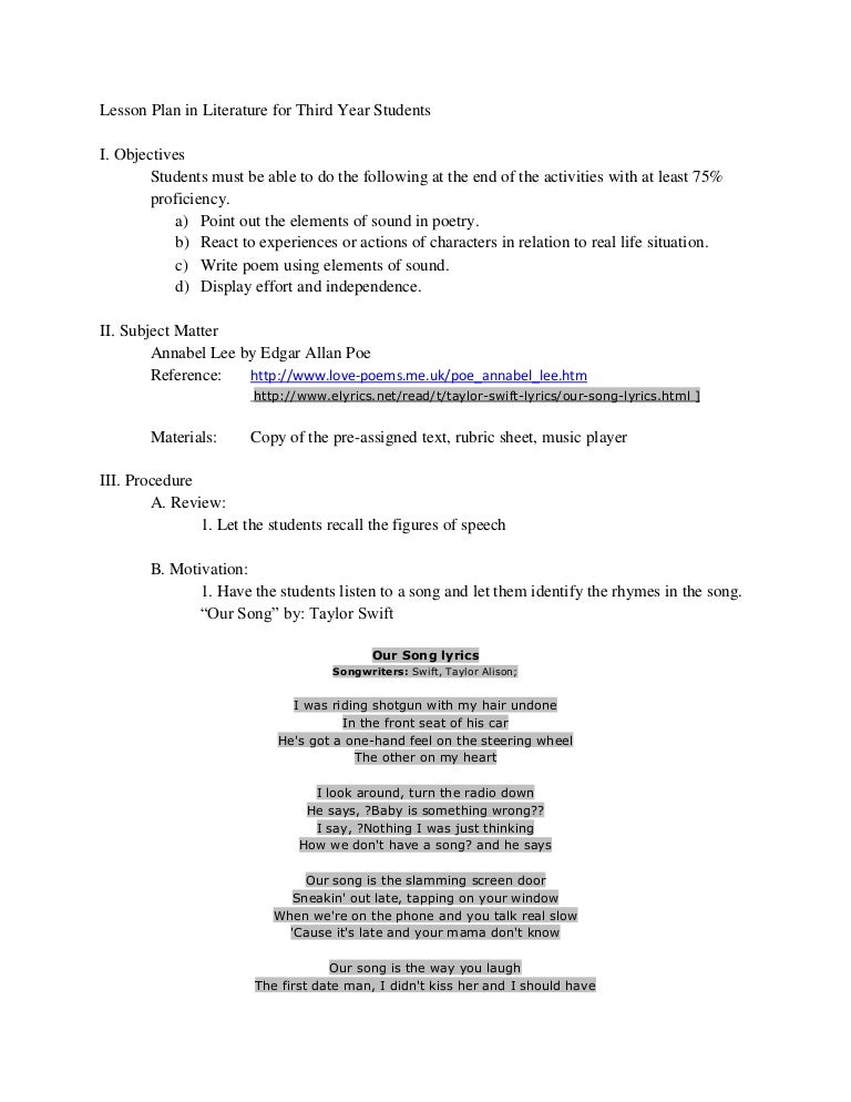 Lesson plan in Literature Annabel Lee