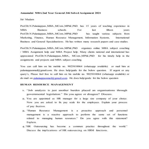Annamalai MBA 2nd year General  346  Solved Assignment 2021