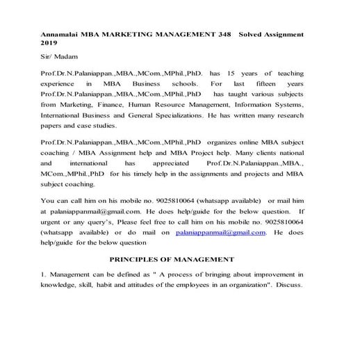 Annamalai MBA Marketing Management 348  Solved Assignment 2019