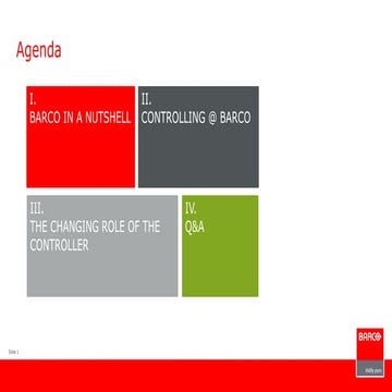 Changing role of the controller, Ann Desender, VP corporate finance & controlling, Barco