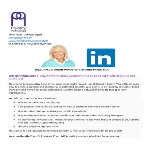 Anne Pryor 2022 LinkedIn Workshops Boot Camp and Advanced LinkedIn 