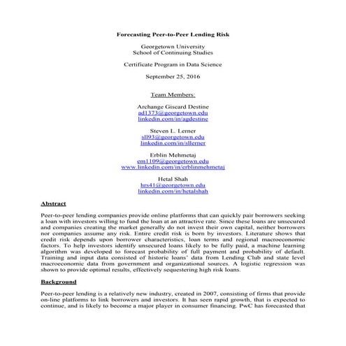 Forecasting peer-to-peer lending risk