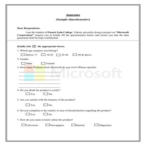 Questionnaire for Microsoft Project
