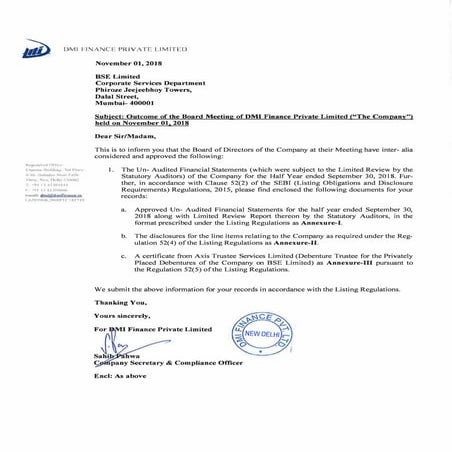 DMI Finance - Annexure 5 outcome of the board meeting