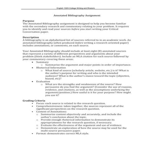Eng 102H Annotated Bibliography Assignment