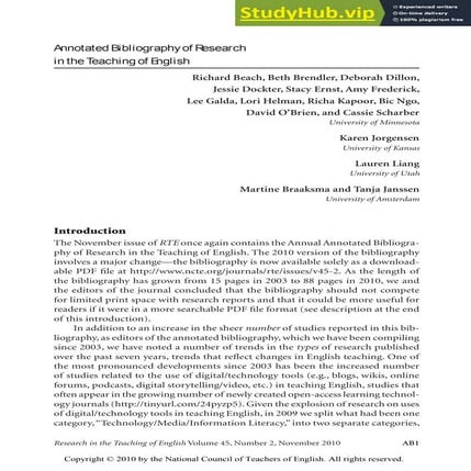 Annotated Bibliography Of Research In The Teaching Of English
