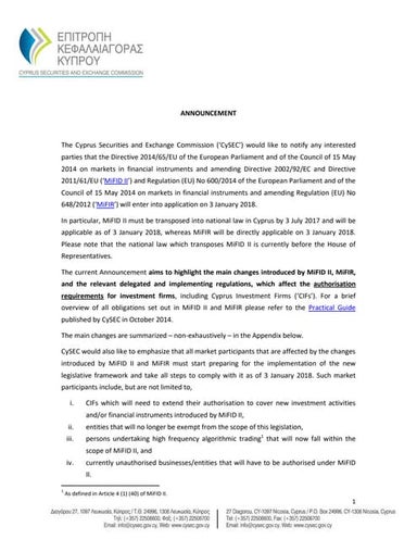 Announcement MiFID II Main Changes for authorisations