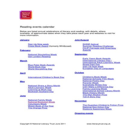 Annual Literacy Events Calendar