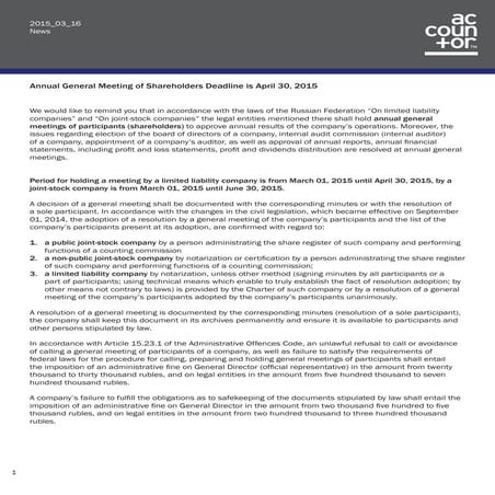 Annual general meeting of shareholders deadline is april 30 2015