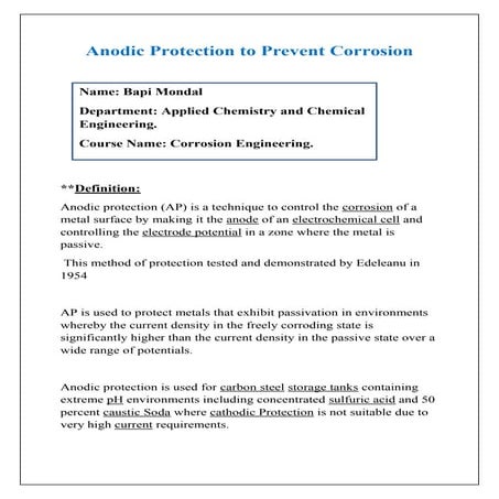 Anodic protection for corrosion prevention