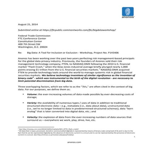 Anonos  FTC Comment Letter Big Data: A Tool for Inclusion or Exclusion